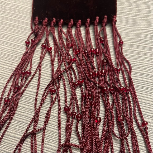 Wine Colored Velvet Long Scarf With Beaded Tassel Ends - Picture 2 of 3